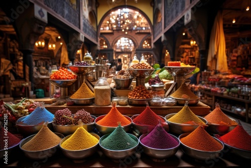 Colorful spices in the souk of Marrakesh, Immerse in an exotic spice bazaar, with colorful sacks and jars showcasing a diverse array of global flavors in a vibrant market setting, AI Generated photo