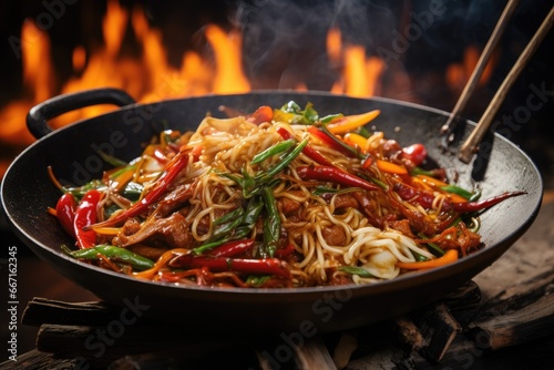 Stir fry noodles with pork and vegetables in wok on fire background, Indulge in the fiery excitement of Asian street food with a sizzling wok filled with stir-fried noodles, vegetables, AI Generated photo