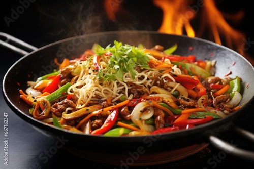 Stir fry noodles with beef and vegetables in wok on fire, Indulge in the fiery excitement of Asian street food with a sizzling wok filled with stir-fried noodles, vibrant vegetables, AI Generated