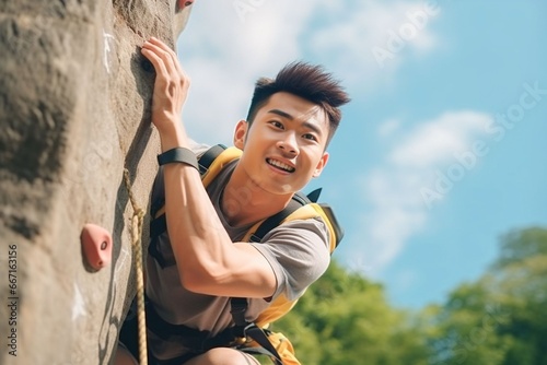 Asian sportsman exercises climbing on climbing wall