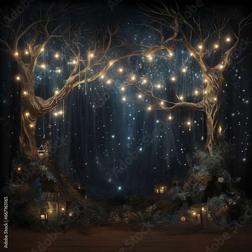 Dark Trees and Fairy Lights Backdrop