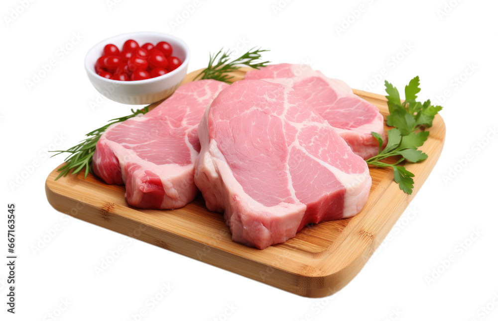 pieces of raw pork on a wooden cutting board with parsley and dill leaves, isolated