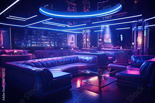 The interior of the night club with a black sofa, a bar counter and a blue neon light, Interior of a night club with bright lights. Night club. A decorated night club, AI Generated