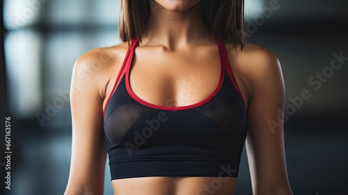  a woman in a sports bra top with her hands in her pockets. generative ai