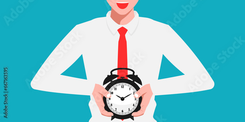 Time management concept, Businessman holding time clock on isolated background, Vector illustration.