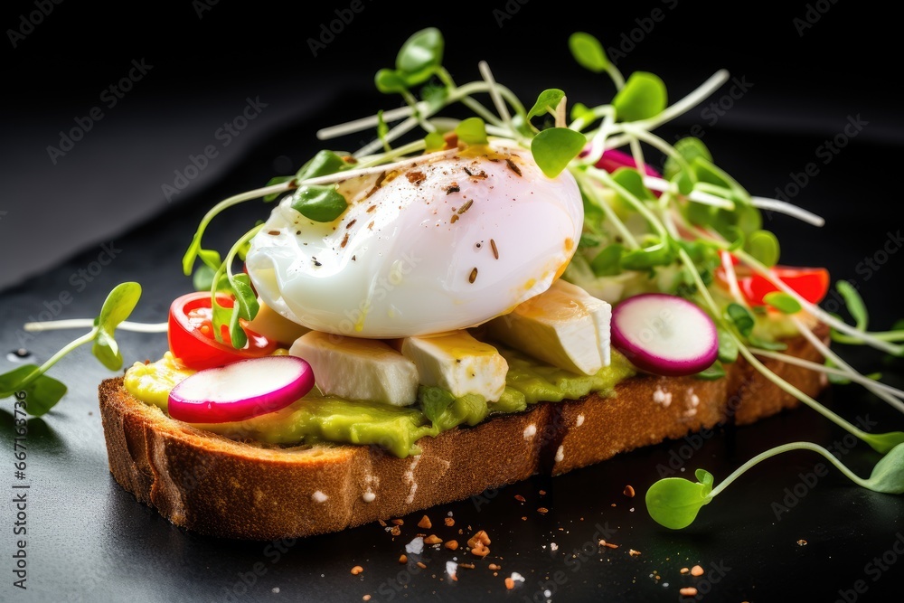 a piece of bread topped with a hard boiled egg and veggies. generative ai a piece of bread topped with a hard boiled egg and veggies. generative ai
