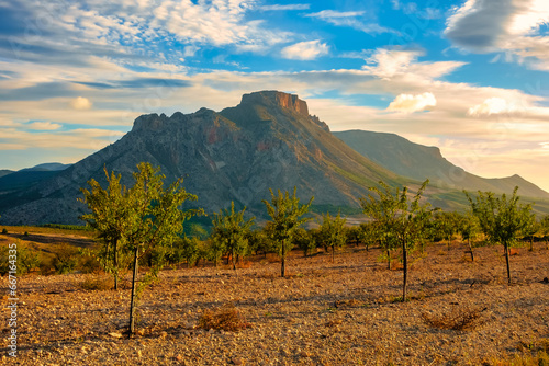Mountains of an Andalusian landscape at sunrise in the village of Velez Blanco, Almeria.