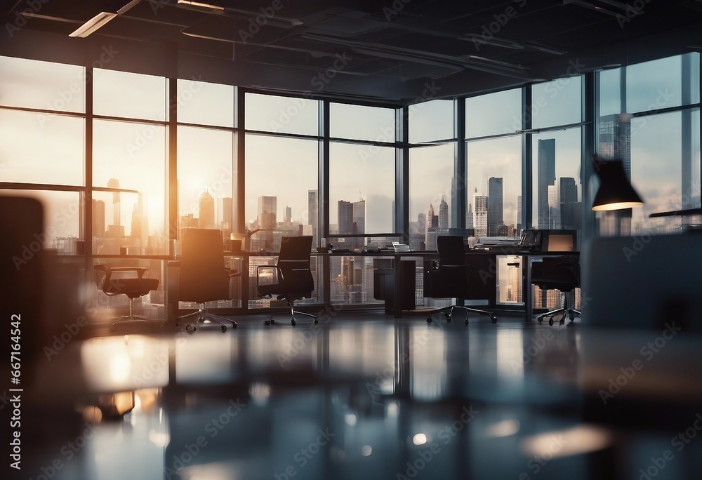 Blurred office workspace in the evening interior workplace with cityscape for business presentation