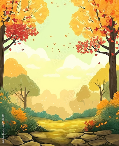 Cartoon autumn season background in the forest.