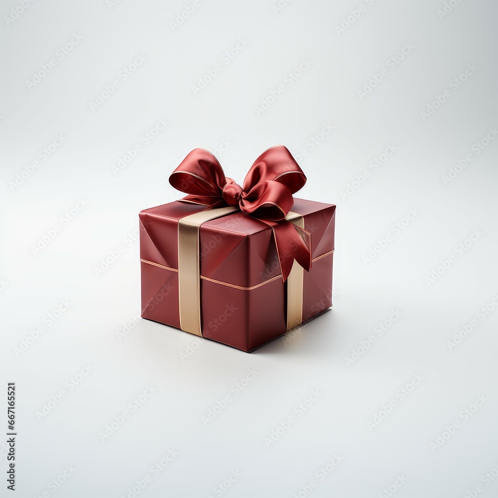 A Christmas Red Gift Box Tied with a Shimmering Gold Ribbon and Bow on the white background copy space A Christmas Red Gift Box Tied with a Shimmering Gold Ribbon and Bow on the white background copy space