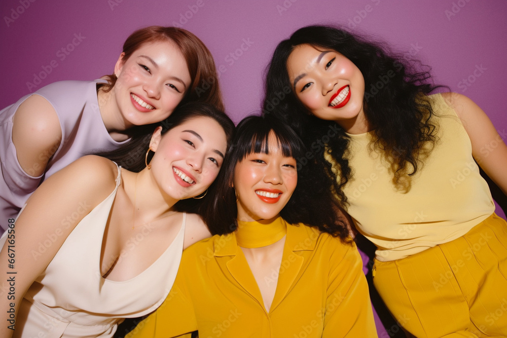 Obraz premium A diverse group of young women is captured in a joyful and vibrant photo, radiating happiness with a warm yellow tone. Generative AI.
