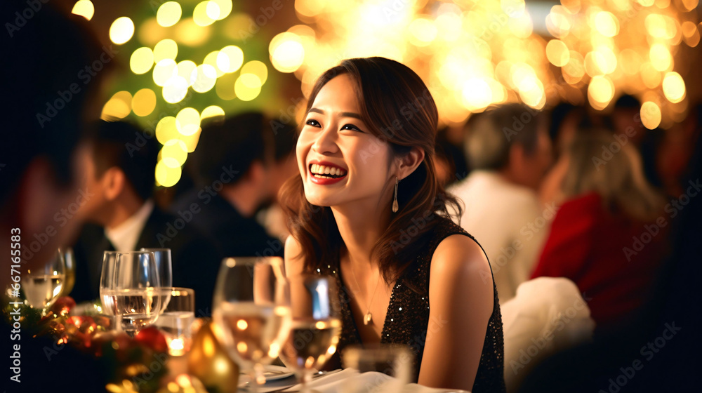 笑顔の女性、ディナーを楽しむ日本人女子