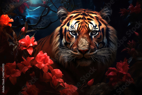 tiger with flowers on background