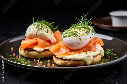  a black plate topped with two sandwiches covered in cream cheese and salmon.  generative ai