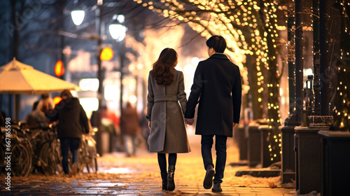 冬の夜のデート、日本人の男性と女性のカップル