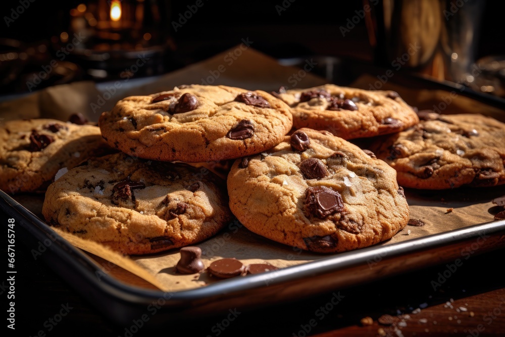  a tray of chocolate chip cookies sitting on a wooden table.  generative ai
