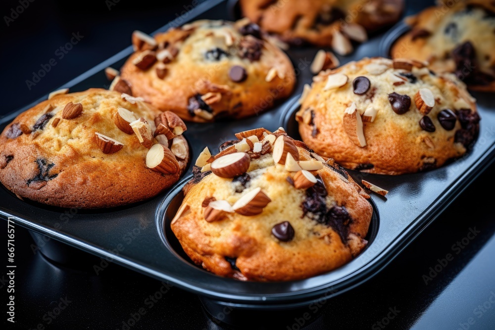  a muffin tin filled with chocolate chip muffins.  generative ai
