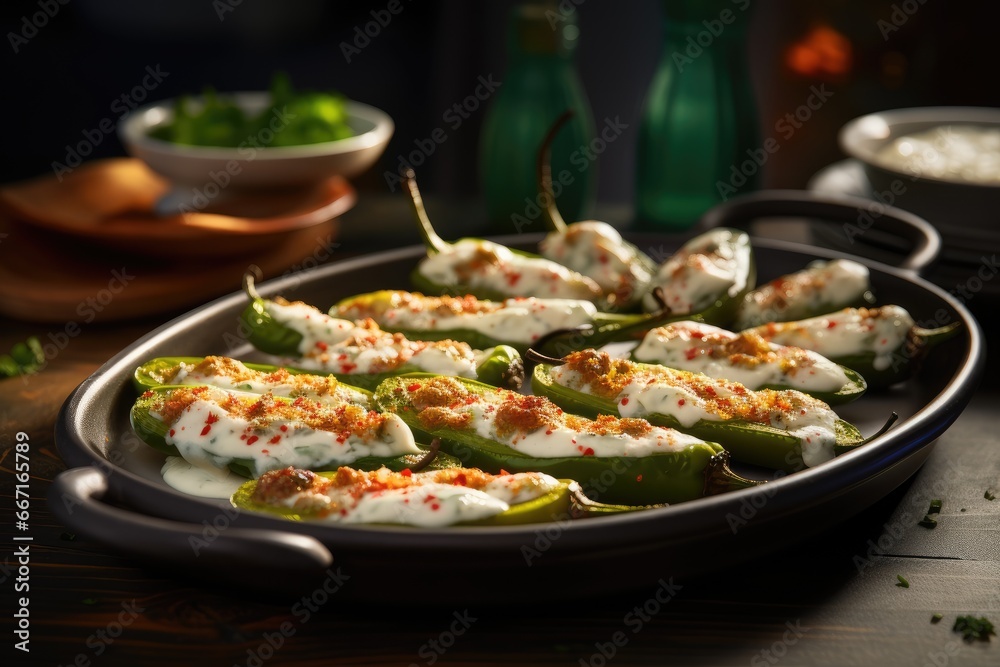  a pan filled with green peppers covered in cheese and sauce.  generative ai