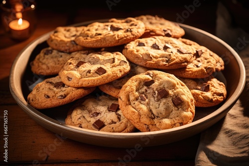  a bowl full of chocolate chip cookies on a wooden table. generative ai