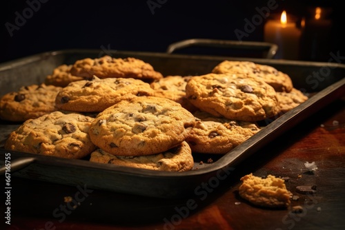  a pan of cookies with a lit candle in the background.  generative ai
