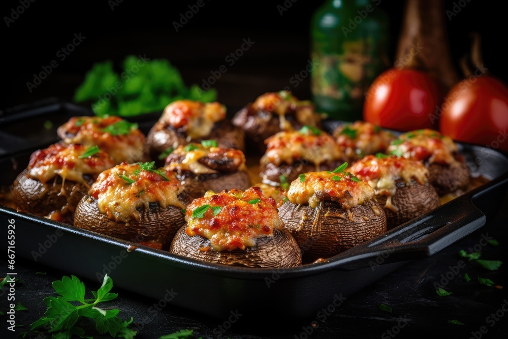  a pan filled with stuffed mushrooms covered in cheese and sauce.  generative ai