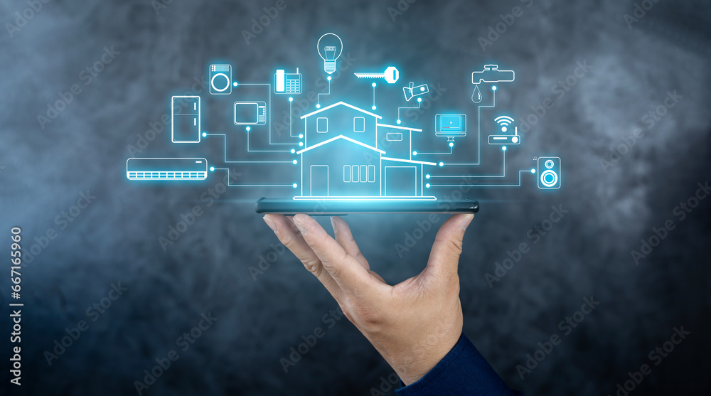 Smart home, intelligent house, and home automation app security concept. Smart home app on smart phone. Smart home, intelligent house, and home automation app security concept. Smart home app on smart phone.