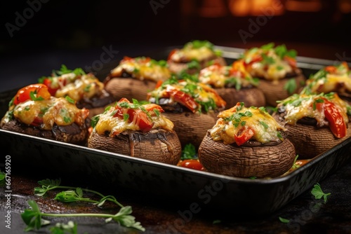  a pan filled with stuffed mushrooms covered in cheese and toppings. generative ai