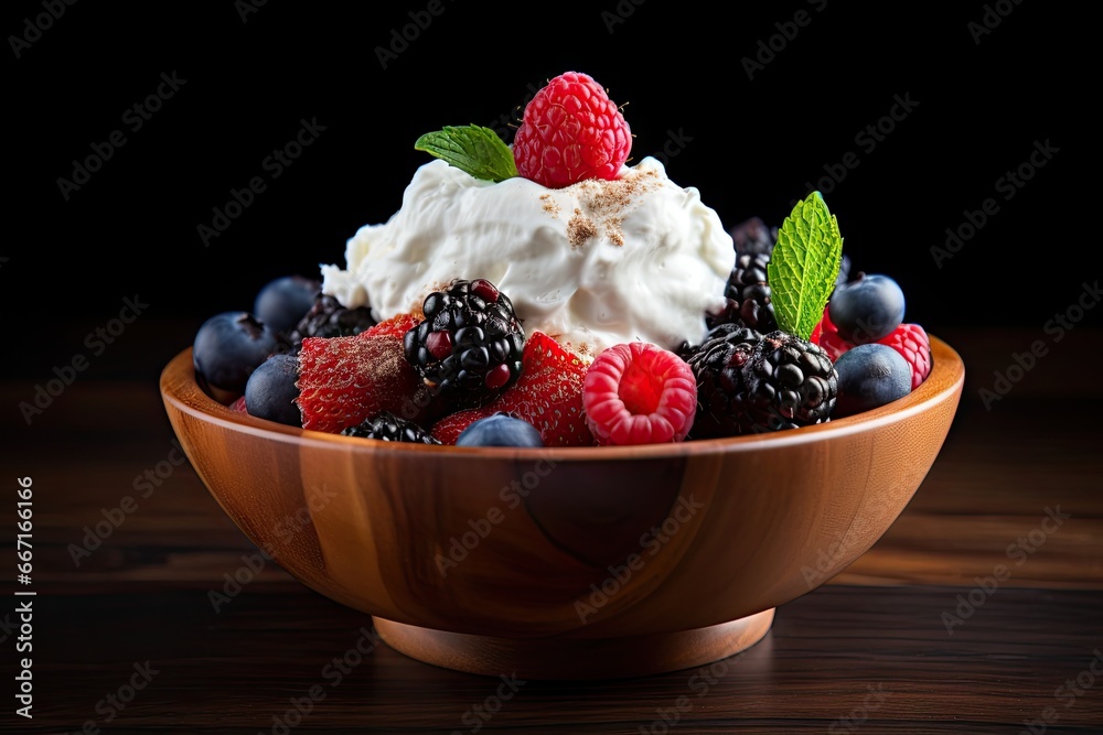 a bowl of fruit with whipped cream and berries in it. generative ai a bowl of fruit with whipped cream and berries in it. generative ai