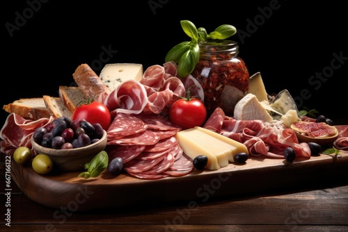  a platter of meats and cheeses on a wooden tray. generative ai
