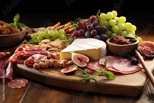  a platter of meats, cheeses, crackers, and grapes.  generative ai