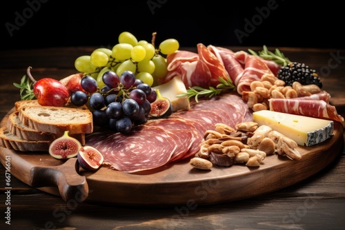  a platter of meats, cheeses, nuts, and fruit. generative ai