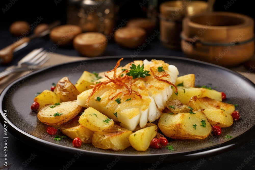a plate of food with potatoes and meat on a table. generative ai a plate of food with potatoes and meat on a table. generative ai