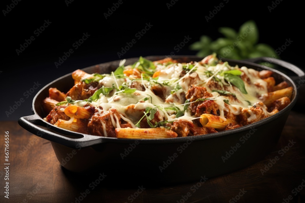 a casserole dish with meat, cheese and vegetables. generative ai a casserole dish with meat, cheese and vegetables. generative ai