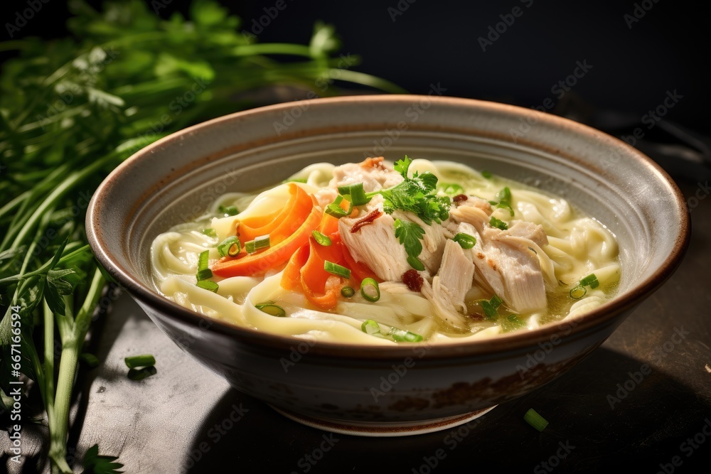  a bowl of chicken noodle soup with carrots and parsley.  generative ai