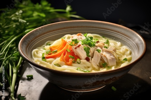  a bowl of chicken noodle soup with carrots and parsley. generative ai