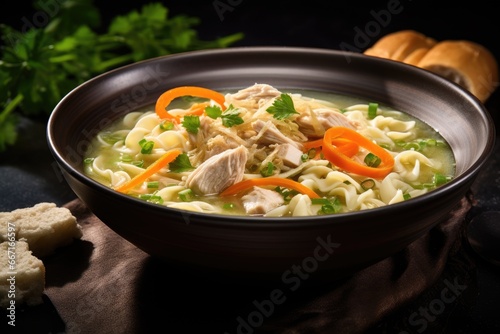  a bowl of chicken noodle soup with carrots and parsley.  generative ai