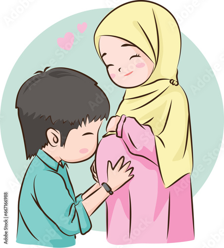 The muslim man carefully embraced the pregnant woman. Husband and wife are expecting a baby, young parents, family support. Flat vector illustration isolated on white background