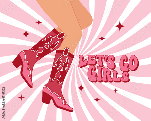 Women's elegant legs in cowboy boots with an ornament. Pink Western Cowgirl style boots and text on a retro background. Illustration. Vector