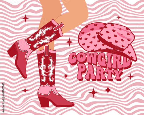 Women's elegant legs in cowboy boots. Pink Western Cowgirl style boots, cowboy hat and text on a retro background. Illustration. Vector