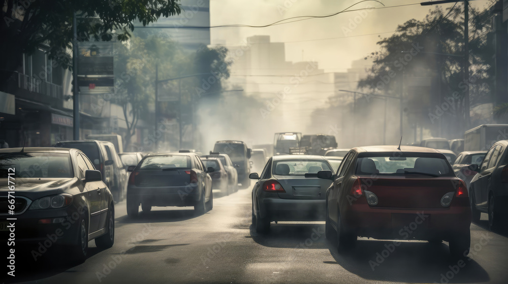 Cars on the street of the city are stuck in a traffic jam. Heavy smoke - obrazy, fototapety, plakaty 