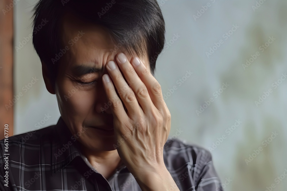 Eye strain, dizziness or headache of Asian elder man. AI generative