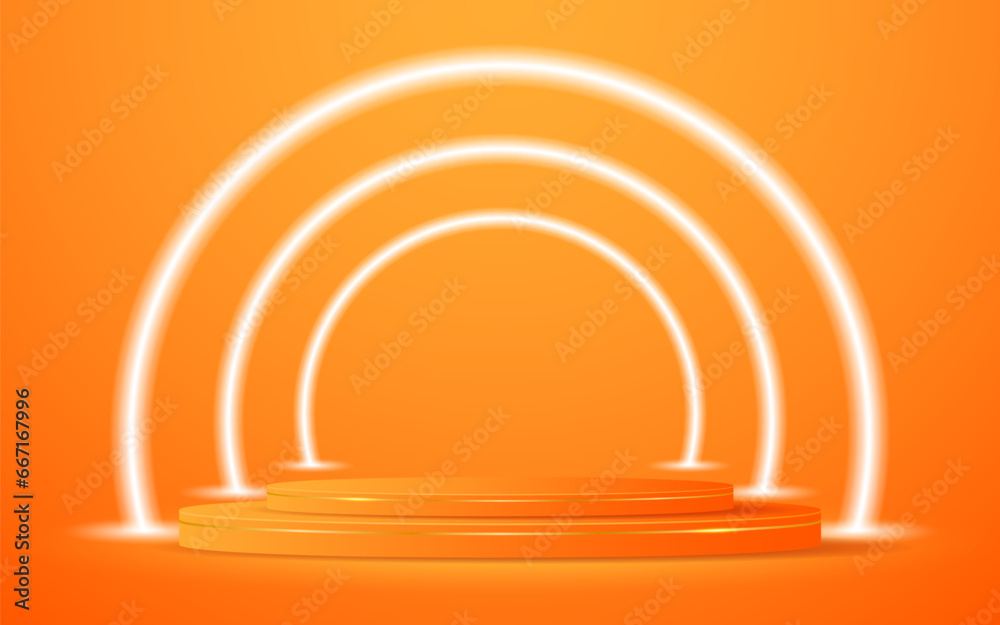 Orange podium with a glowing white circle line on the back for product presentation. Display of cosmetic products. Stage or podium. vector illustration Orange podium with a glowing white circle line on the back for product presentation. Display of cosmetic products. Stage or podium. vector illustration
