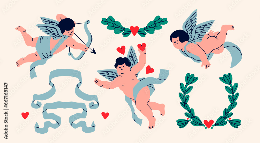 Cupids or cherubs, wreath, ribbon, hearts. Cute flying characters with bow and wings. Hand drawn Vector illustration. Isolated design elements. Valentine's Day, romantic holiday celebration concept - obrazy, fototapety, plakaty 