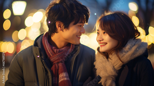 冬の夜のデート、日本人の男性と女性のカップル