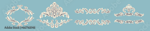 Set of various fancy Ornaments. Vintage, retro style. Beautiful filigree, decorative frame part. Hand drawn modern Vector illustration. Isolated design elements for invitations, frames, menu, monogram