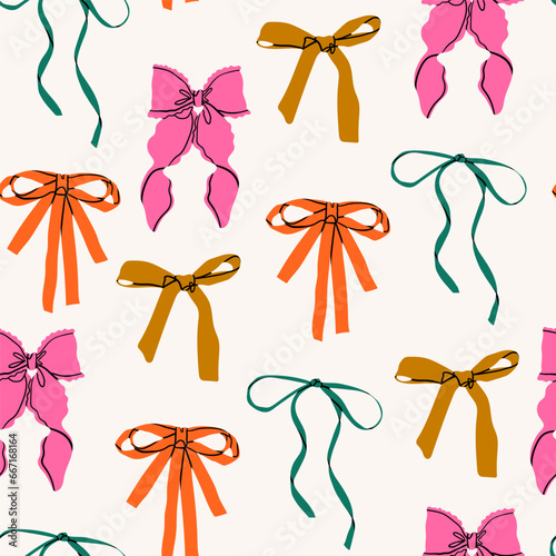 Various colorful Bow knots, tie ups, gift bows. Hand drawn trendy Vector illustration. Wedding celebration, holiday, party decoration, gift, present concept. Square seamless Pattern, background photo