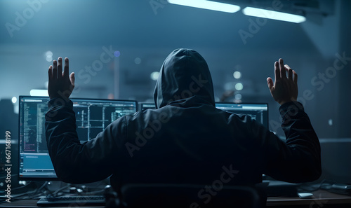 Anonymous hacker raising hands. Arrested scammers. AI generated