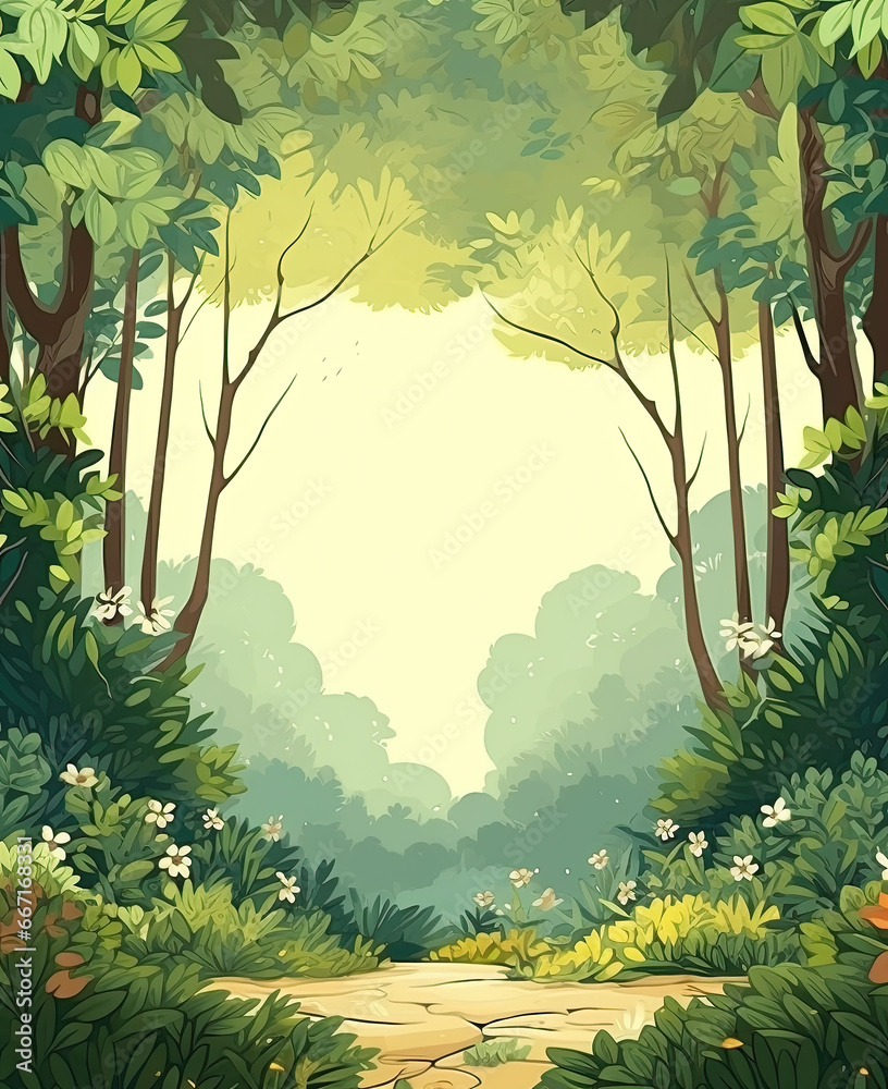 Cartoon background of summer season in the forest.