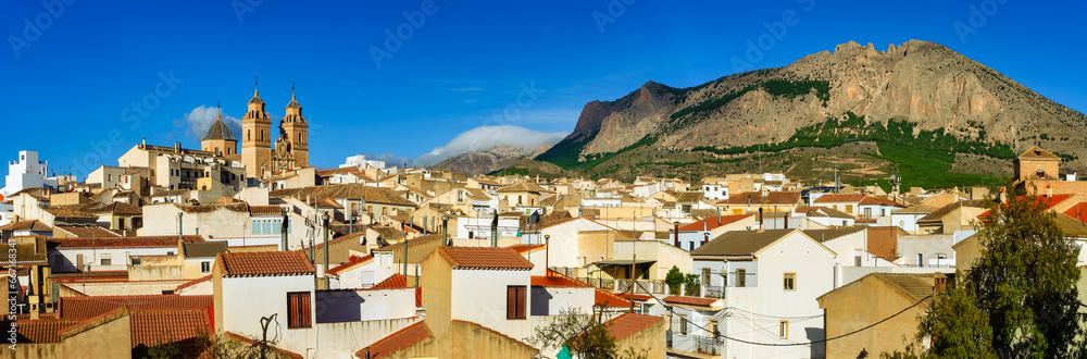 Panoramic view of an Andalusian village with its white houses and tall church towers, Velez Rubio, Andalusia.