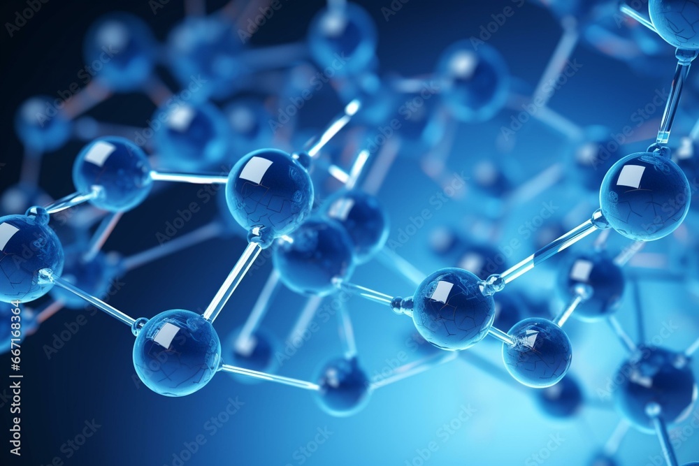 3D blue molecule structure illustration. Generative AI - obrazy, fototapety, plakaty 
